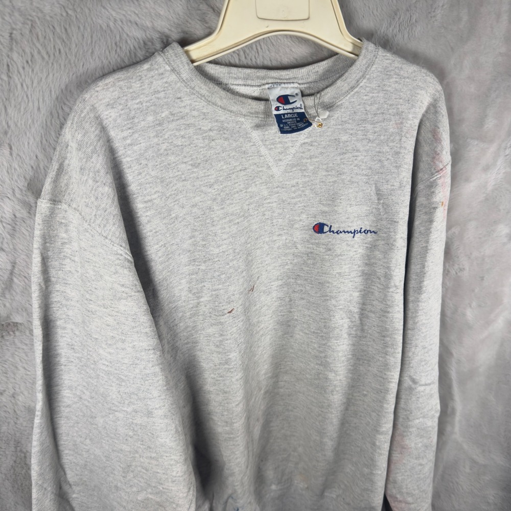 Vintage 90s Champion Crewneck Sweatshirt Gray Embroidered Script Logo Mens Large